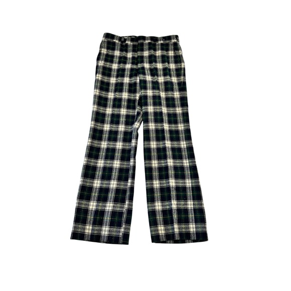 Vintage 1970s Pendleton Mens Wool Tartan Plaid Pants Trousers Green 34x32 - Picture 1 of 12